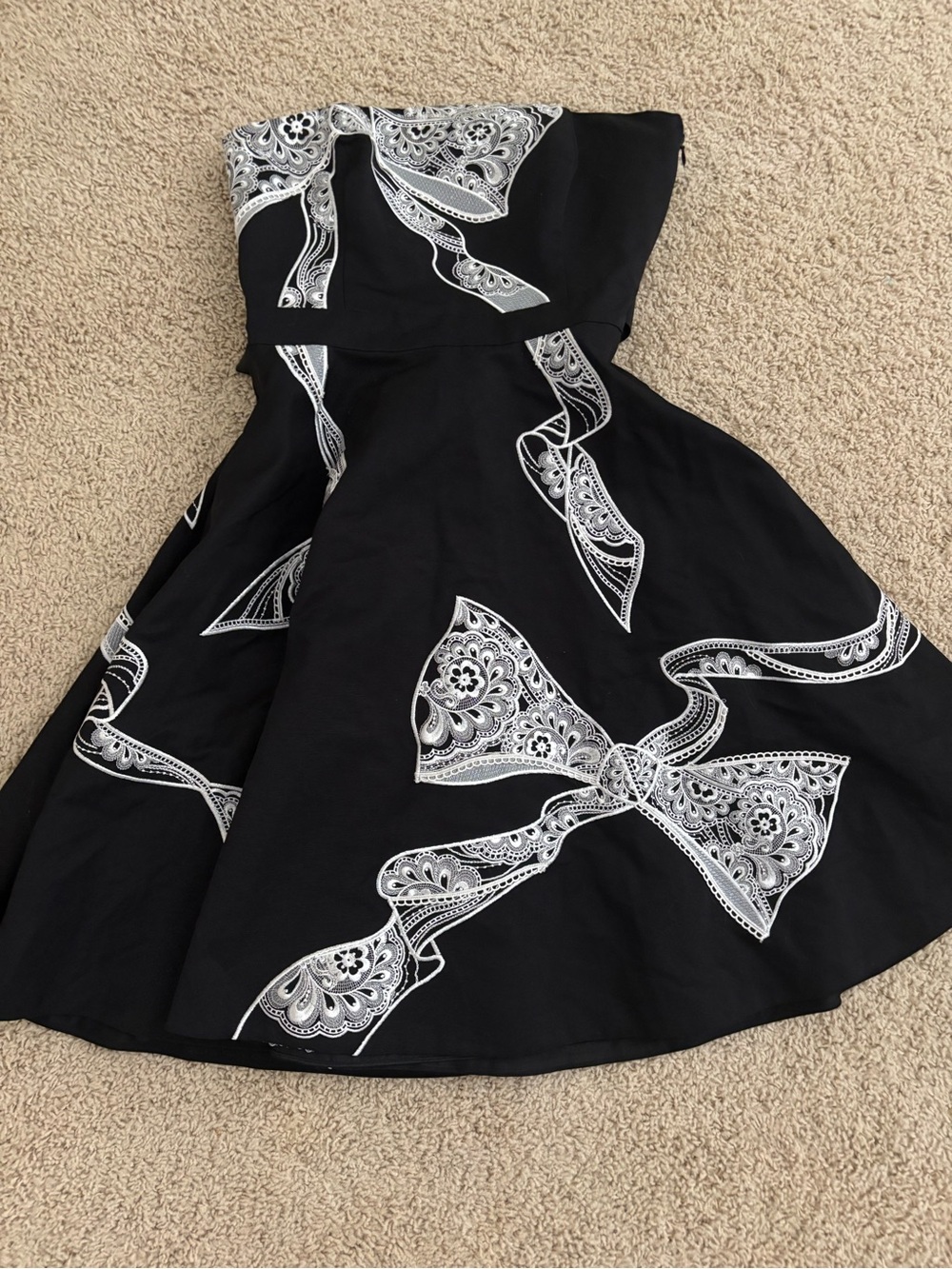 White House Black Market Strapless Black Dress with White Lace Print